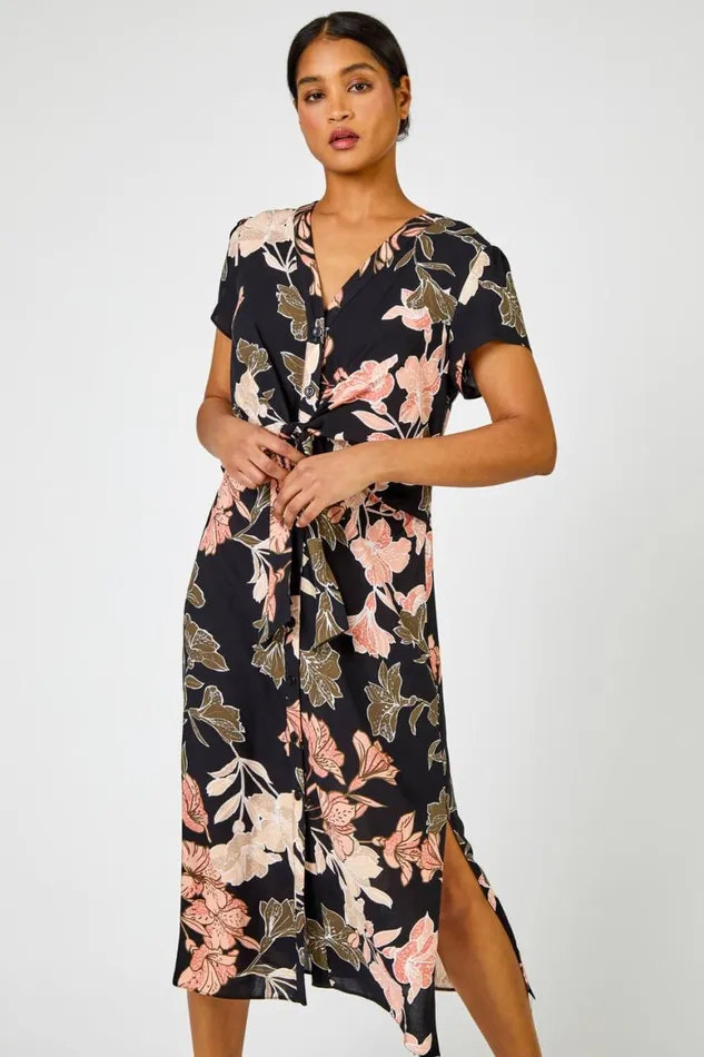 Women Black Tropical Print Tie Knot Detail Dress Roman Dresses