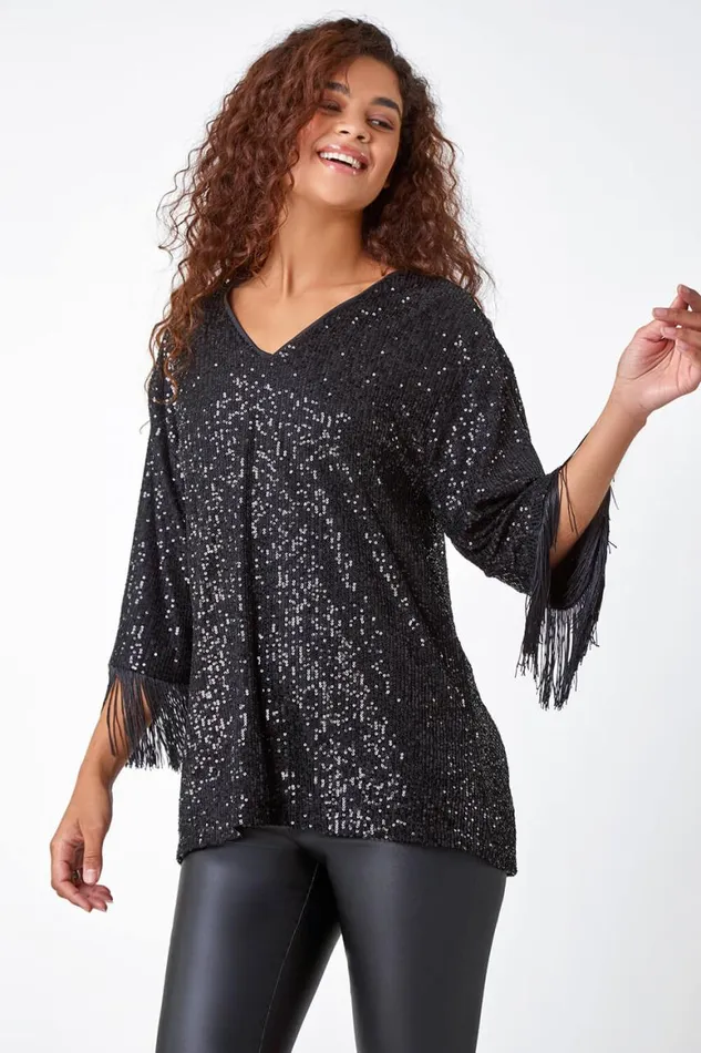 Women Black VNeck Sequin Tassel Detail Tunic Stretch Top Roman Tops