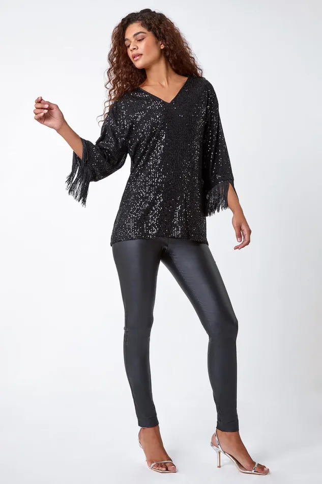 Women Black VNeck Sequin Tassel Detail Tunic Stretch Top Roman Tops
