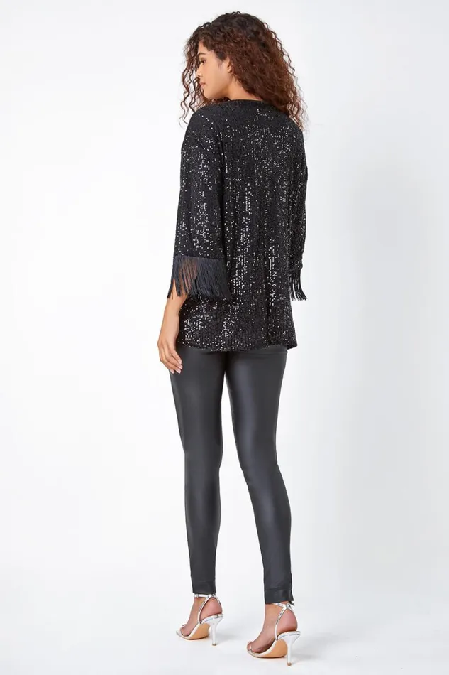 Women Black VNeck Sequin Tassel Detail Tunic Stretch Top Roman Tops