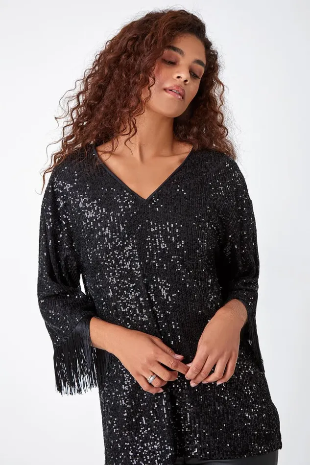Women Black VNeck Sequin Tassel Detail Tunic Stretch Top Roman Tops
