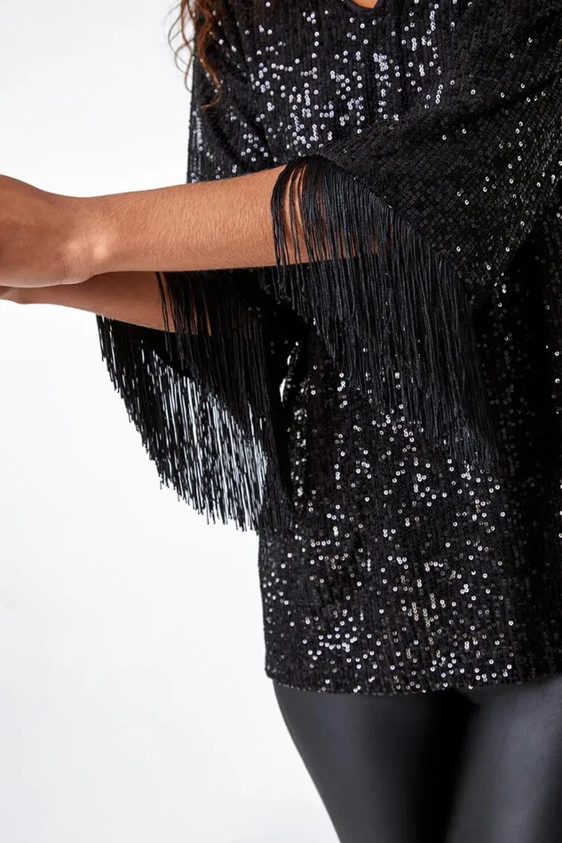 Women Black VNeck Sequin Tassel Detail Tunic Stretch Top Roman Tops