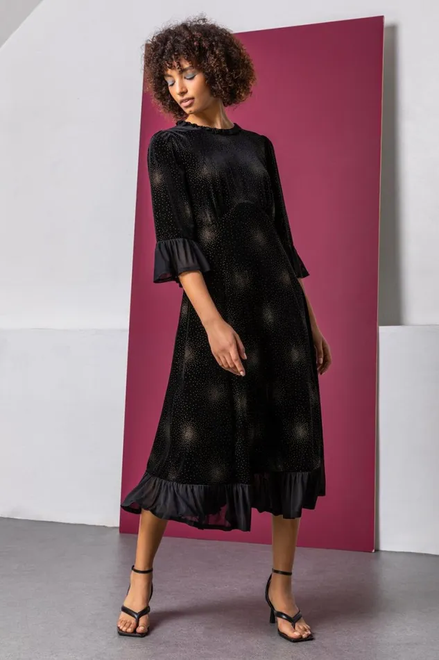 Women Black Velvet Sparkle Frill Detail Dress Roman Dresses