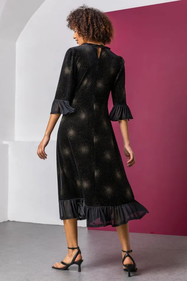 Women Black Velvet Sparkle Frill Detail Dress Roman Dresses