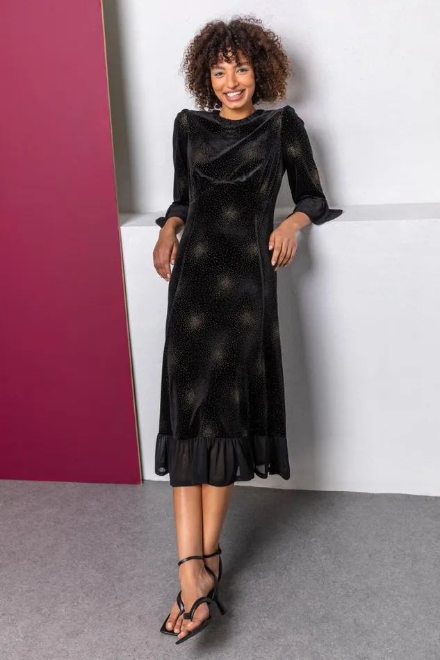 Women Black Velvet Sparkle Frill Detail Dress Roman Dresses