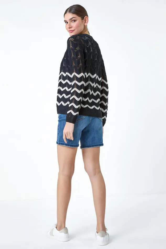 Women Black Wave Pointelle Knit Cardigan Roman Knitwear