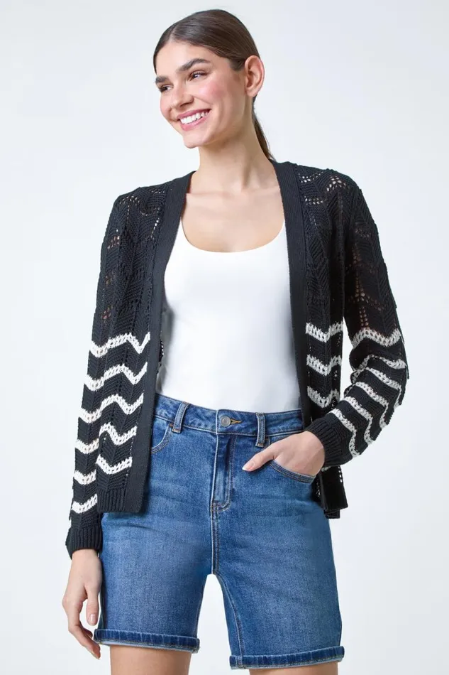 Women Black Wave Pointelle Knit Cardigan Roman Knitwear
