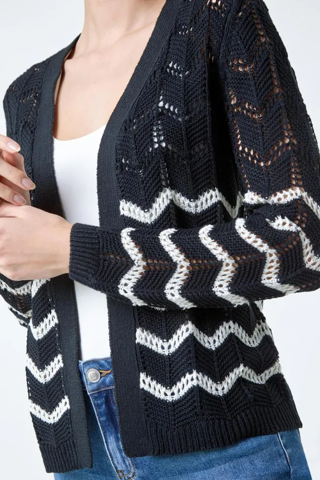 Women Black Wave Pointelle Knit Cardigan Roman Knitwear