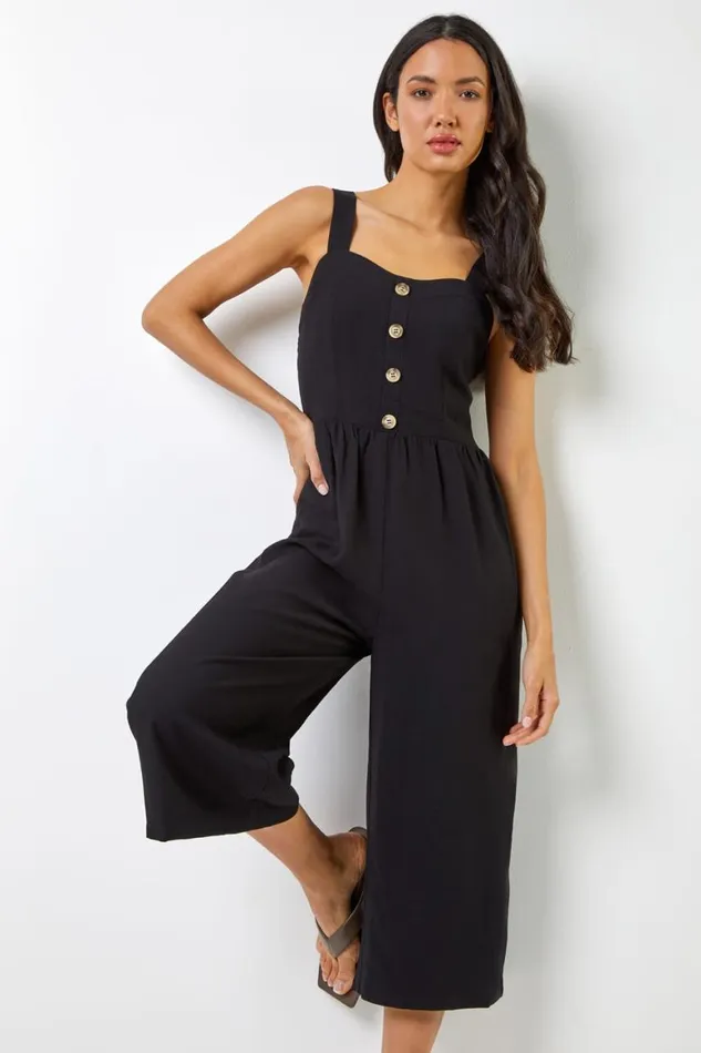 Women Black Wide Leg Culotte Jumpsuit Roman Dresses