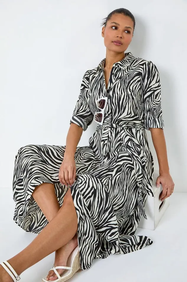 Women Black Zebra Print Midi Shirt Dress Roman Dresses