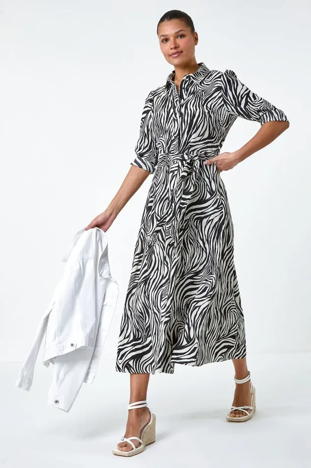 Women Black Zebra Print Midi Shirt Dress Roman Dresses