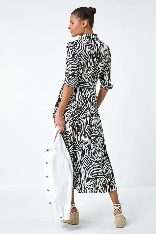 Women Black Zebra Print Midi Shirt Dress Roman Dresses