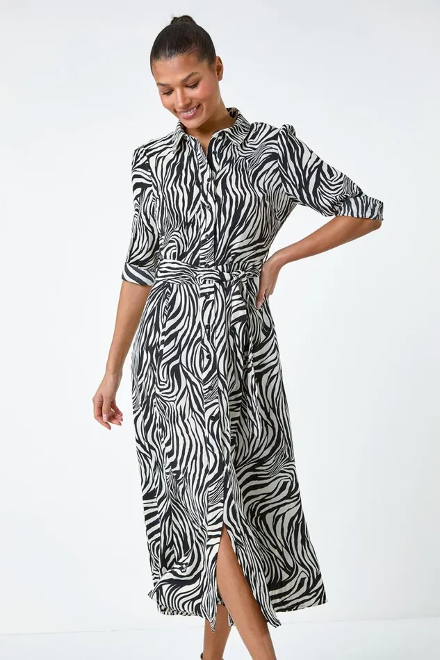 Women Black Zebra Print Midi Shirt Dress Roman Dresses