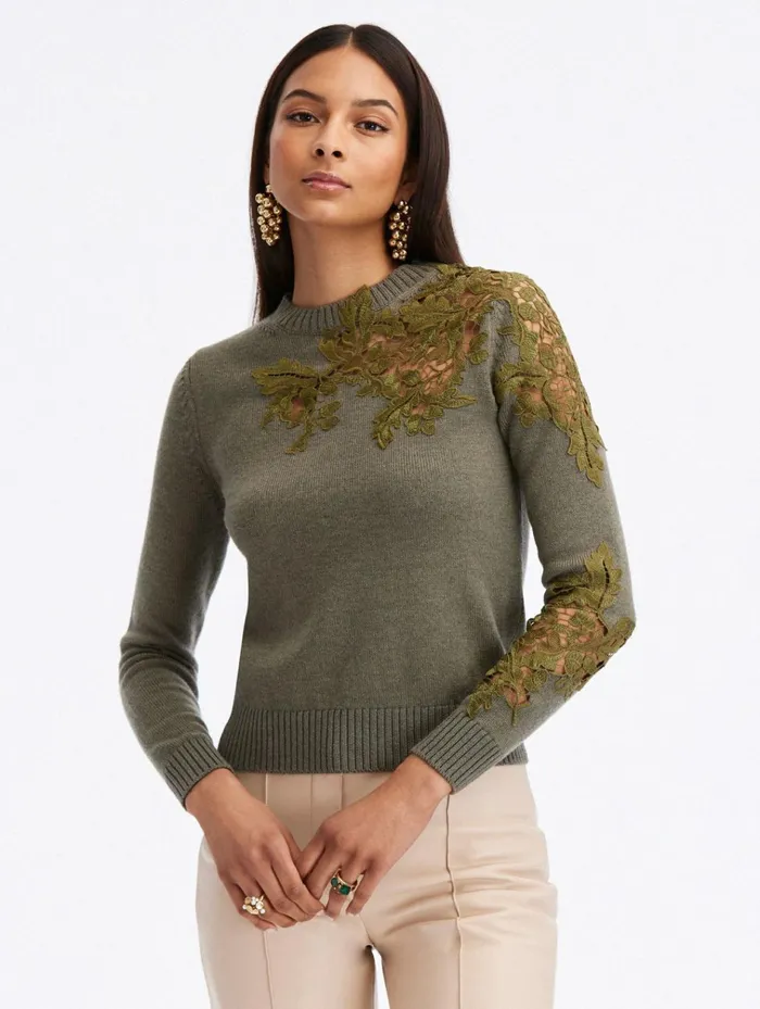Women Blouses and Knits Oscar De La Renta Acorn Lace Inset Pullover Olive