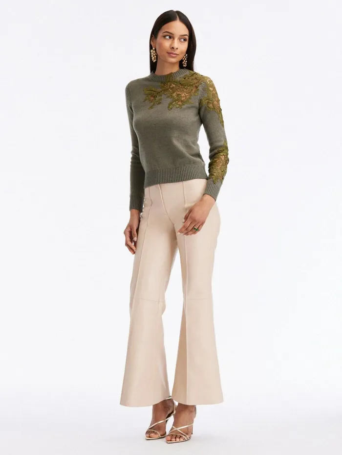 Women Blouses and Knits Oscar De La Renta Acorn Lace Inset Pullover Olive Women Blouses and Knits Oscar De La Renta Acorn Lace Inset Pullover Olive