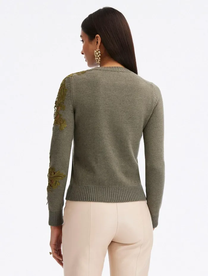 Women Blouses and Knits Oscar De La Renta Acorn Lace Inset Pullover Olive Women Blouses and Knits Oscar De La Renta Acorn Lace Inset Pullover Olive