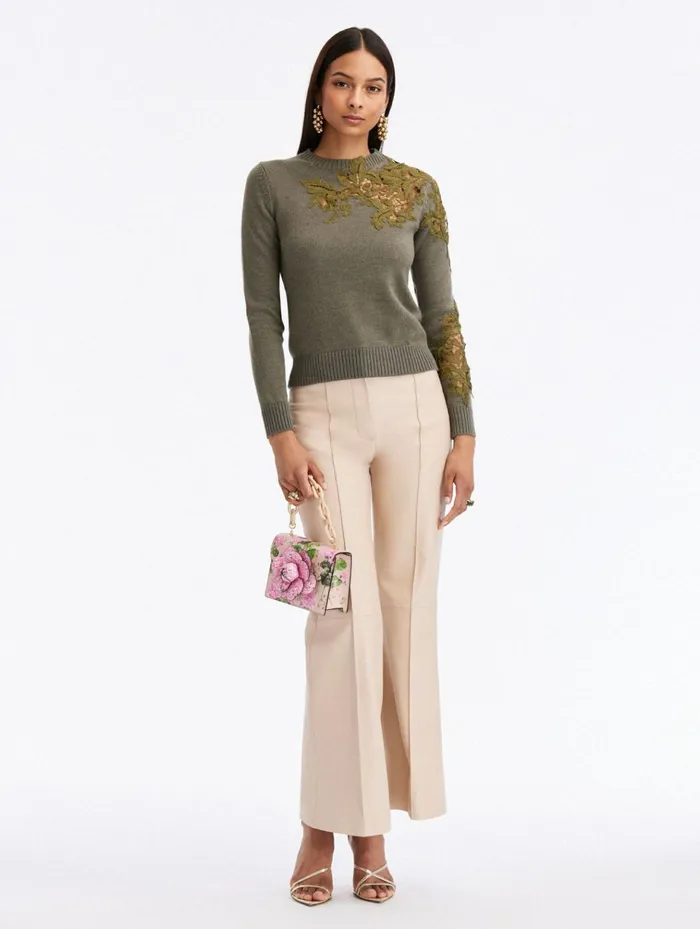 Women Blouses and Knits Oscar De La Renta Acorn Lace Inset Pullover Olive Women Blouses and Knits Oscar De La Renta Acorn Lace Inset Pullover Olive