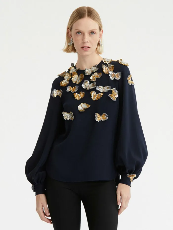 Women Blouses and Knits Oscar De La Renta Butterfly Sequin Embroidered Blouse Navygold