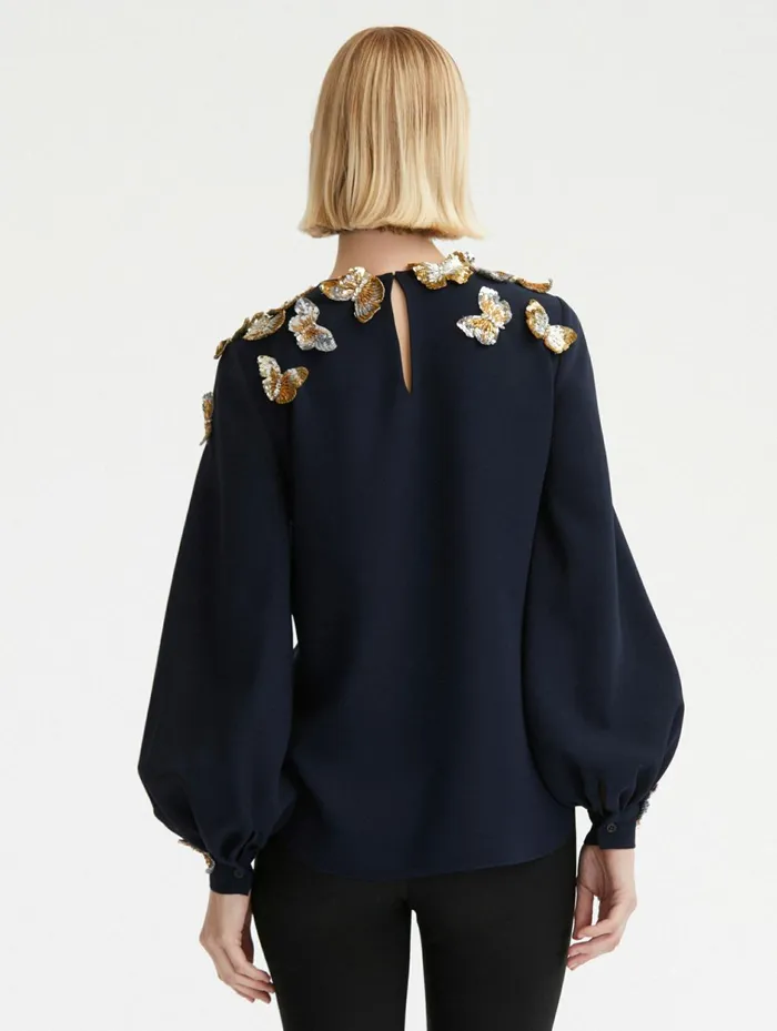 Women Blouses and Knits Oscar De La Renta Butterfly Sequin Embroidered Blouse Navygold Women Blouses and Knits Oscar De La Renta Butterfly Sequin Embroidered Blouse Navygold