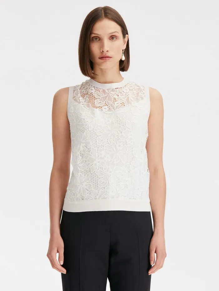 Women Blouses and Knits Oscar De La Renta Chantilly Lace Guipure Inset Tank White