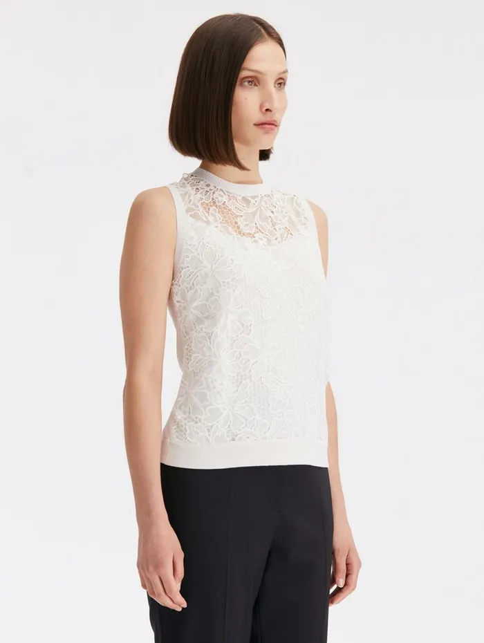Women Blouses and Knits Oscar De La Renta Chantilly Lace Guipure Inset Tank White Women Blouses and Knits Oscar De La Renta Chantilly Lace Guipure Inset Tank White