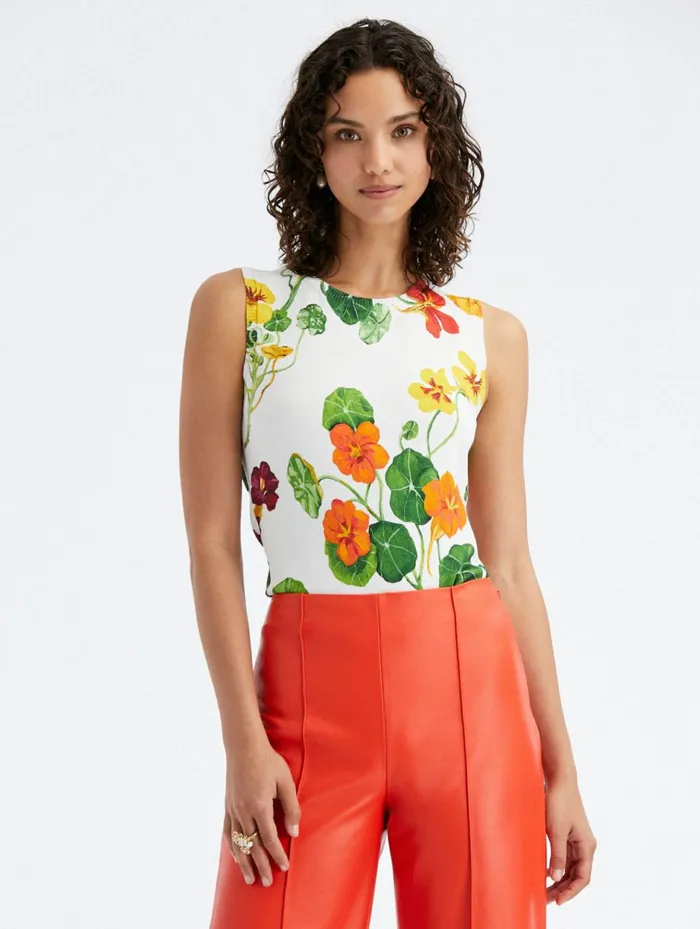 Women Blouses and Knits Oscar De La Renta Nasturtium Printed Tank Ivory Multi