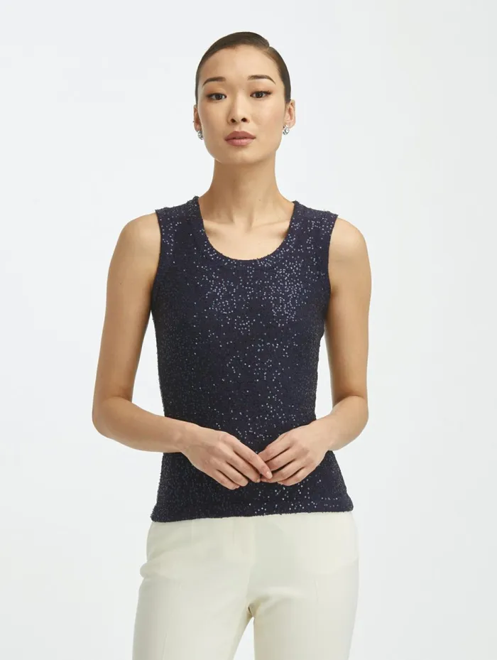 Women Blouses and Knits Oscar De La Renta Silk Scoop Neck Tank Navy