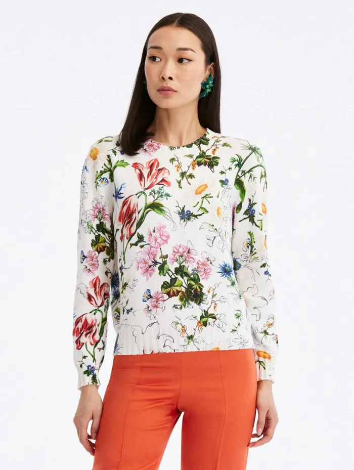 Women Blouses and Knits Oscar De La Renta Sketched Floral Printed Pullover White Multi