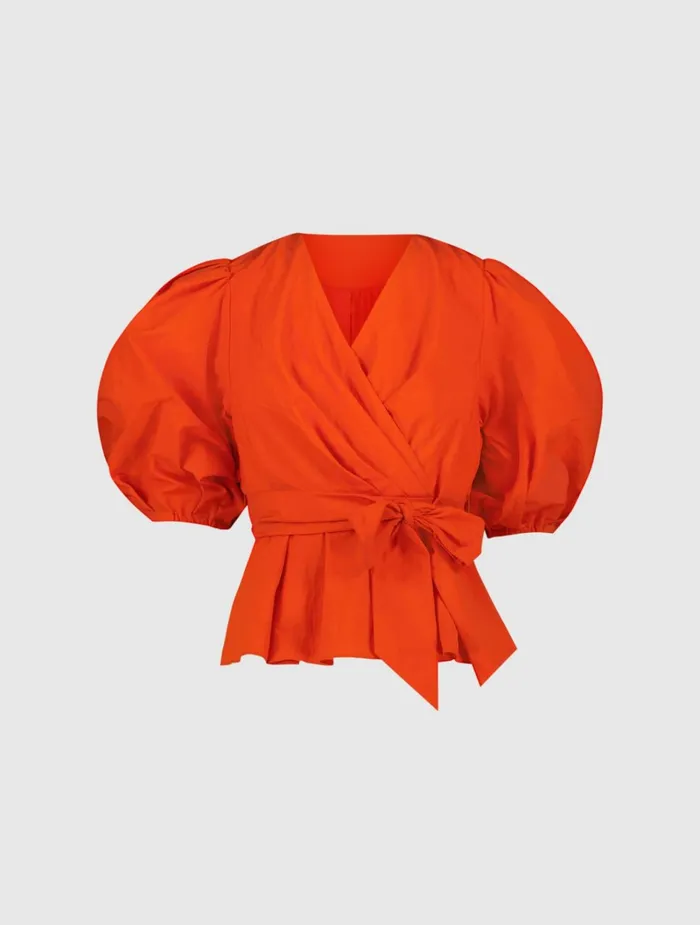 Women Blouses And Tops Mac Duggal Faille Wrap Over Balloon Sleeve Blouse 8211 FINAL SALE Sunset
