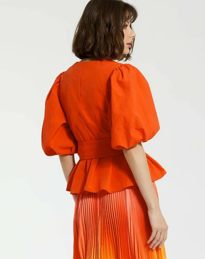 Women Blouses And Tops Mac Duggal Faille Wrap Over Balloon Sleeve Blouse 8211 FINAL SALE Sunset