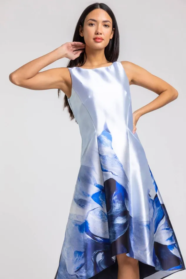 Women Blue Abstract Dipped Hem Asymmetric Midi Dress Roman Dresses
