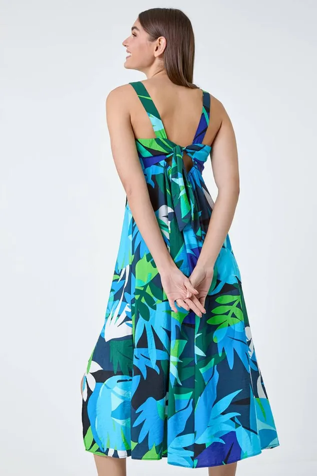 Women Blue Abstract Leaf Tie Back Midi Dress Roman Dresses