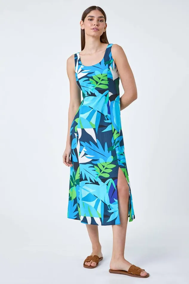 Women Blue Abstract Leaf Tie Back Midi Dress Roman Dresses