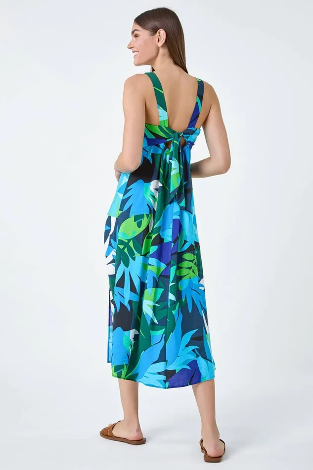 Women Blue Abstract Leaf Tie Back Midi Dress Roman Dresses