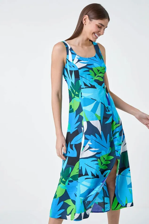 Women Blue Abstract Leaf Tie Back Midi Dress Roman Dresses