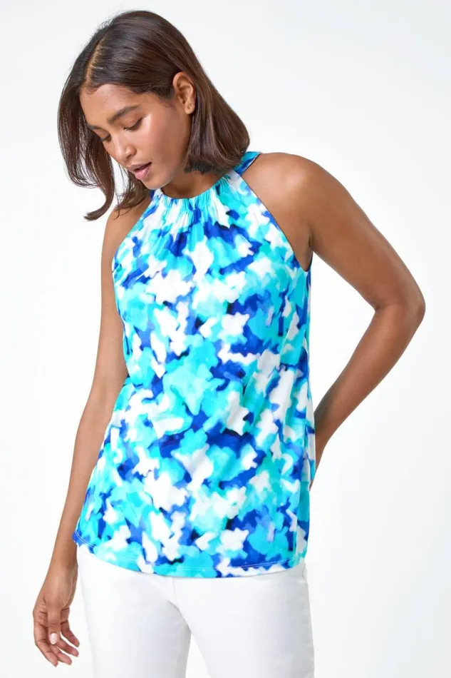Women Blue Abstract Print Stretch Halter Neck Top Roman Tops