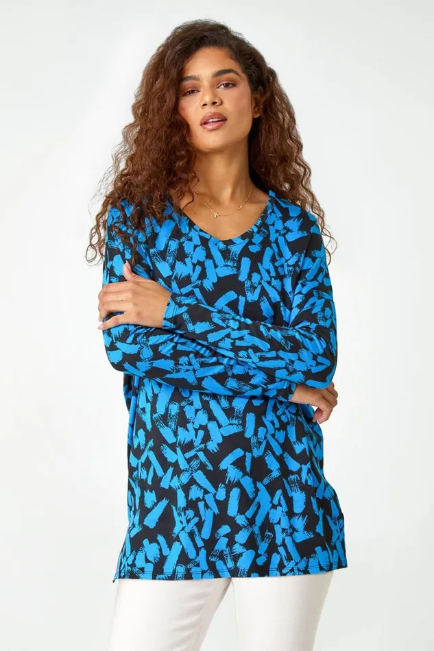 Women Blue Abstract Print Stretch Tunic Top Roman Tops
