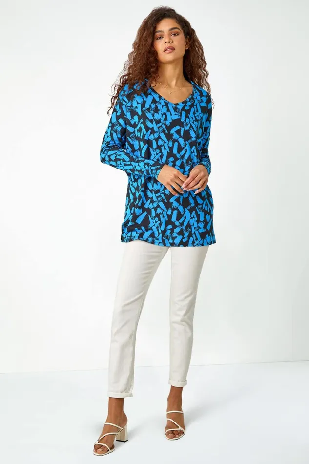 Women Blue Abstract Print Stretch Tunic Top Roman Tops