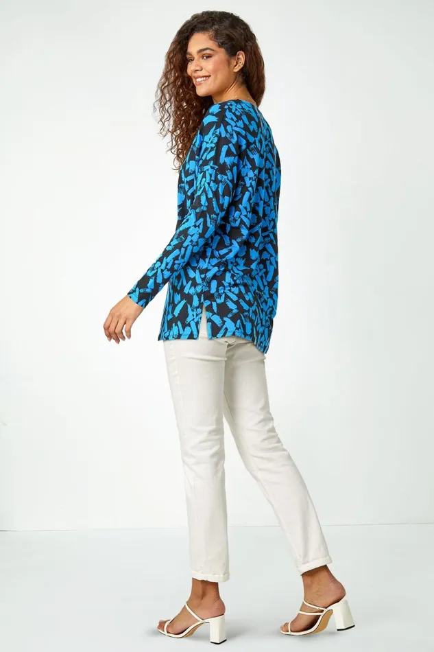Women Blue Abstract Print Stretch Tunic Top Roman Tops