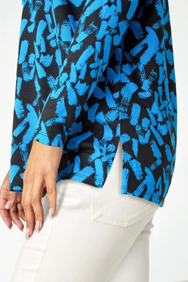 Women Blue Abstract Print Stretch Tunic Top Roman Tops