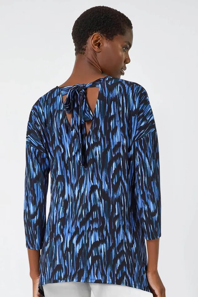 Women Blue Abstract Print Tie Back Stretch Top Roman Tops