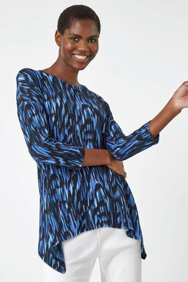 Women Blue Abstract Print Tie Back Stretch Top Roman Tops