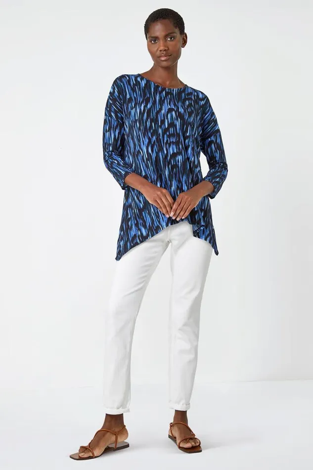 Women Blue Abstract Print Tie Back Stretch Top Roman Tops