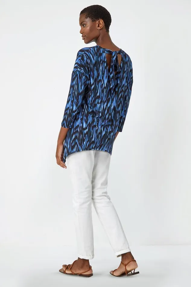 Women Blue Abstract Print Tie Back Stretch Top Roman Tops