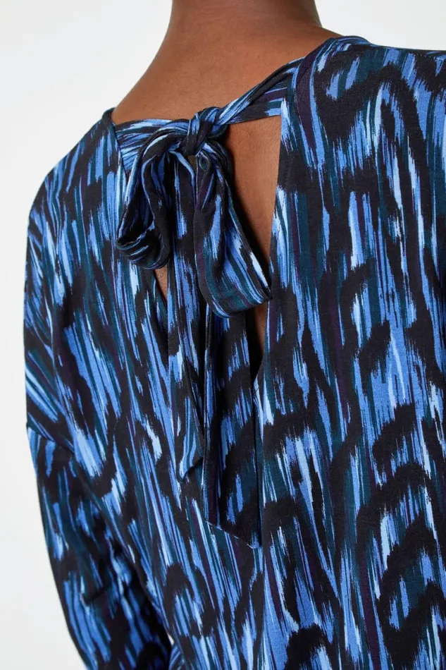 Women Blue Abstract Print Tie Back Stretch Top Roman Tops