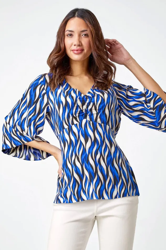 Women Blue Abstract Print VNeck Ruched Tunic Top Roman Tops