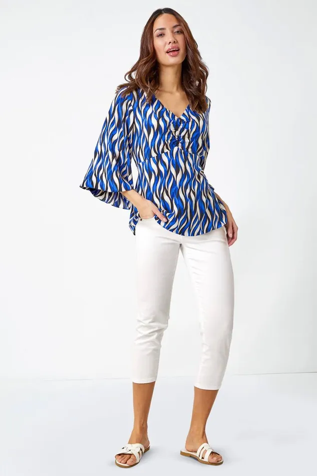 Women Blue Abstract Print VNeck Ruched Tunic Top Roman Tops
