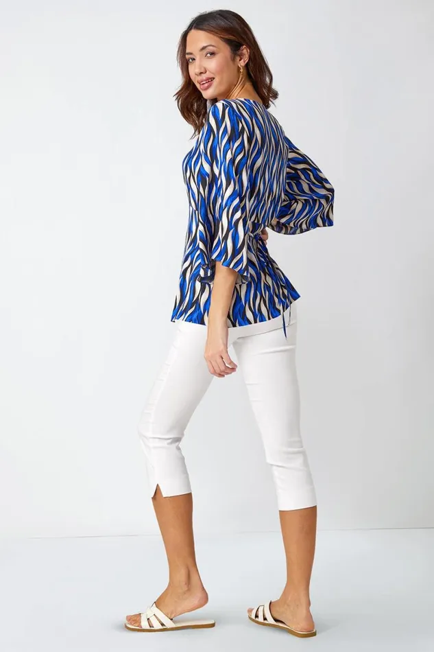 Women Blue Abstract Print VNeck Ruched Tunic Top Roman Tops