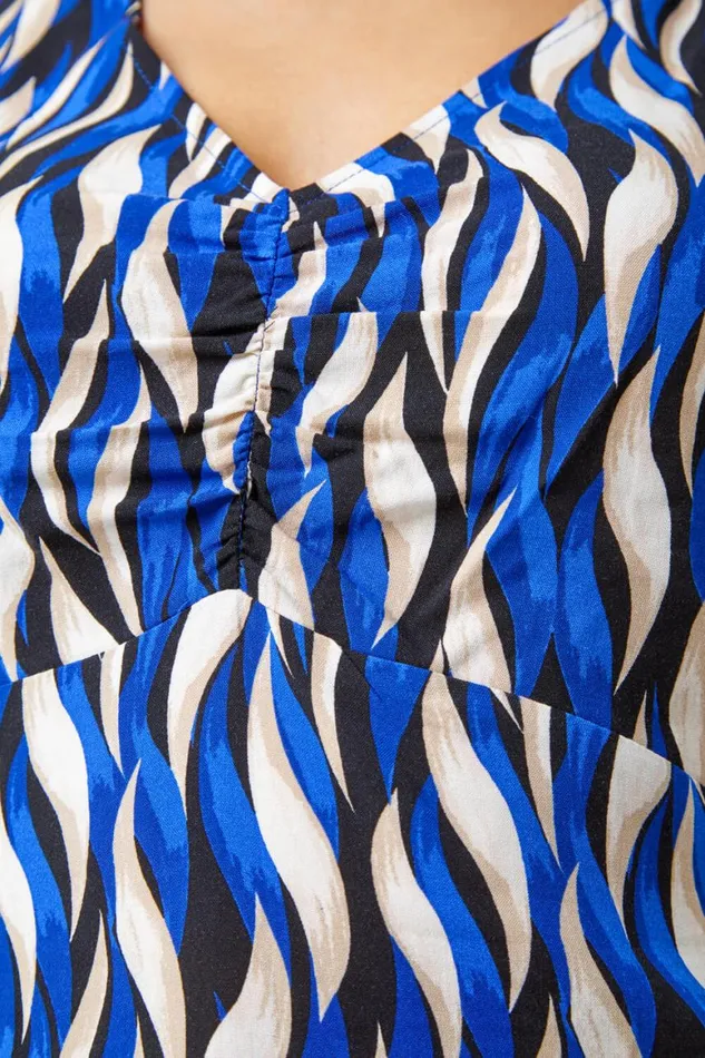 Women Blue Abstract Print VNeck Ruched Tunic Top Roman Tops