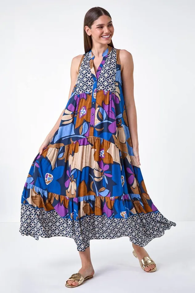 Women Blue Boho Floral Print Smock Maxi Dress Roman Dresses